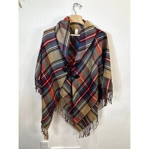 Tan & Red Plaid Blanket Scarf Shawl - OSFM